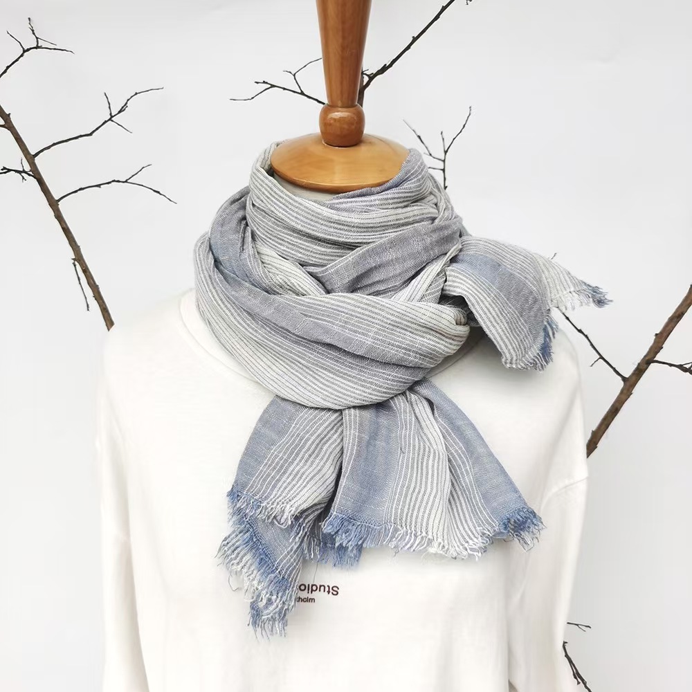 T582 Japanese and Korean striped cotton and linen scarf literary style personality natural wrinkle casual easy to match tassel scarf