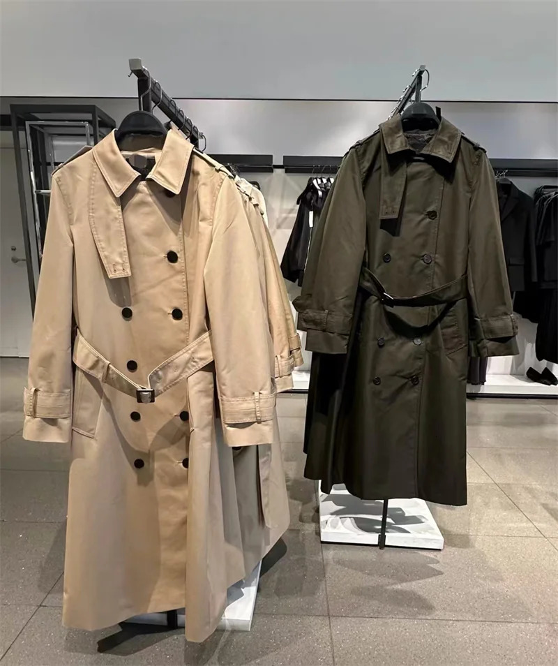 Womens Trench Coat Autumn Style Solid Color Long-Sleeve Waterproof Double-Breasted Trench Coat with Belt British 251128