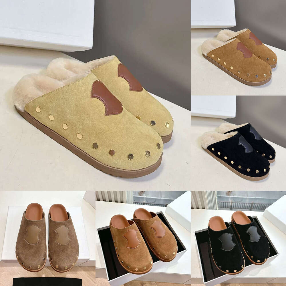 women shoe designer slides fur slide Luxury mule clog for womens Leisure Vacation shoes Suede real leather mules clogs sandal Flat heel slipper slip on Beach sandal