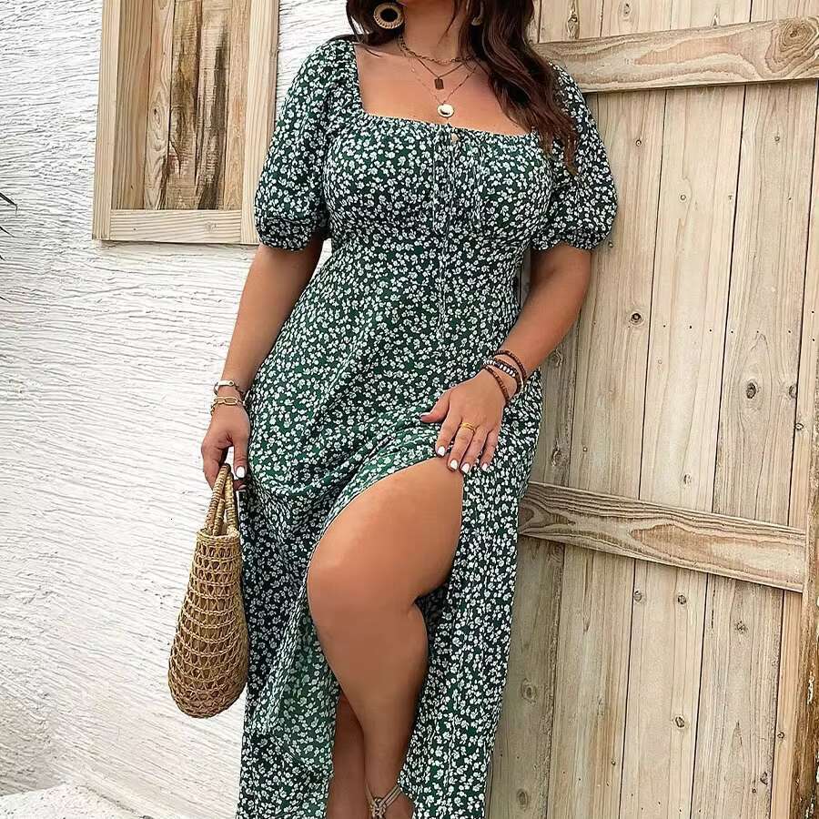 DHEssentials Summer Floral Dress for Plus-Size Wome Casual Temperament Slimming Split Design