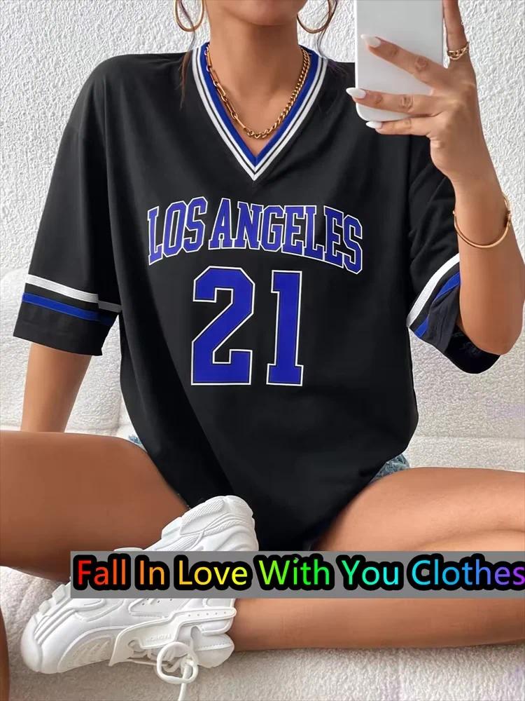 Women's T-shirt LOSANGELES 21 Pajamas T-Shirt Women Summer Oversized V-neck Tee Harajuku Trend Short Sleeve Female Streetwear Womens Tops