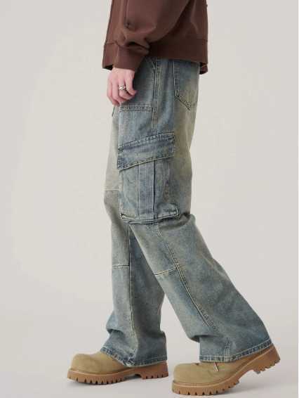 Mens Baggy Denim Cargo Pants Multi-Pocket Wide-Leg Jeans Vintage Washed Loose Fit Strtwear StyleC250528