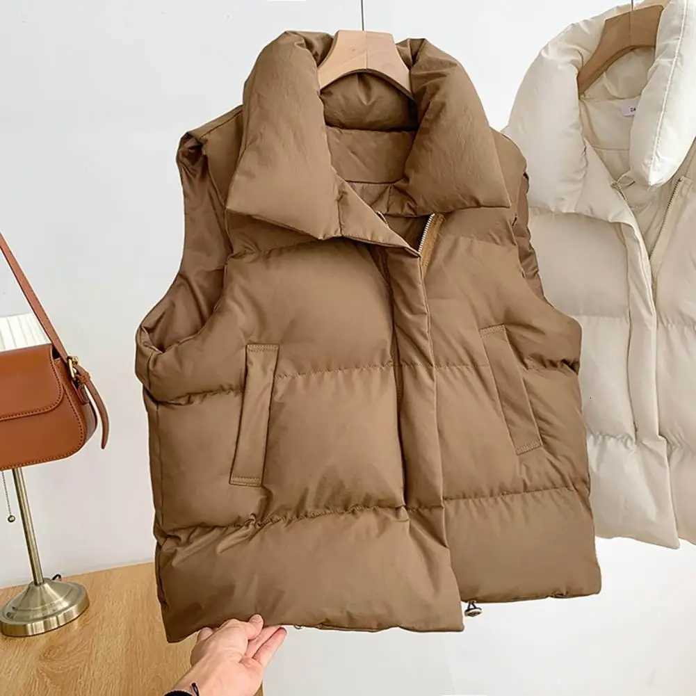 Comfy Simple Solid Color Stand Collar Winter Cotton Puffer Vest Versatile Padded Puffer Drawstring Hem Female ClothingT251128