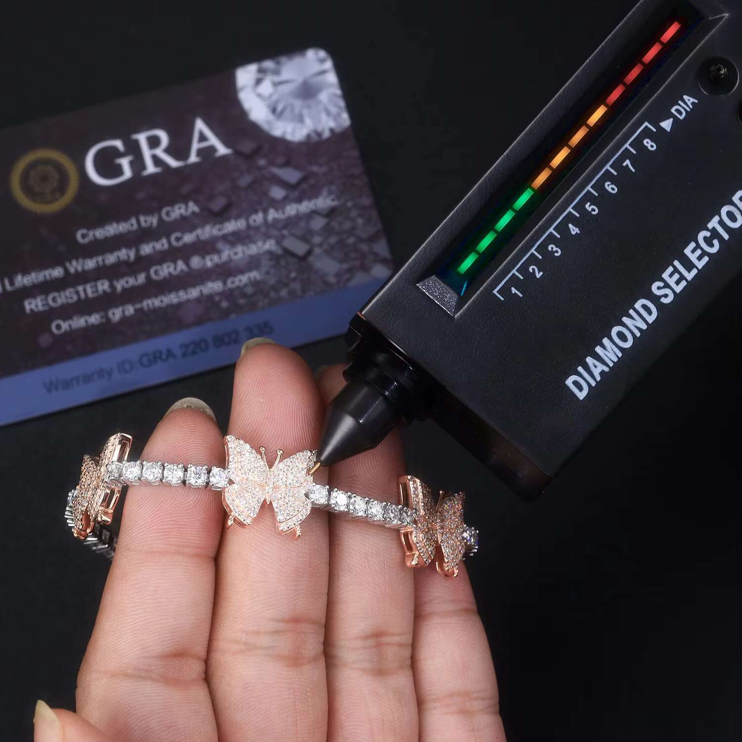 DE Butterfly Moissanite 925 Silver Tennis Chain Hip Hop Women Men Moissanite Tennis Bracelet Tarnish Free Butterfly Tennis Chain