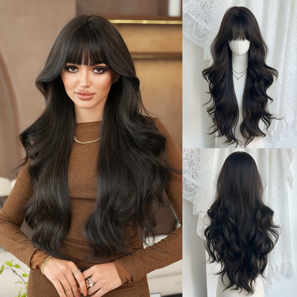 brown Honey wig for women with big waves long curly hair neat bangs fluffy whole top natural simulated hair full head cover