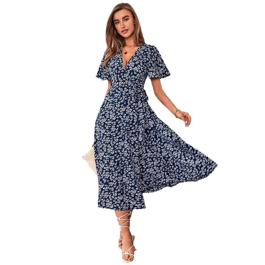 Casual Summer Dress V Neck Buttons Vintage Floral Printed Maxi Dresses Women High Waist Beach Holiday Dress Vestidos 210521