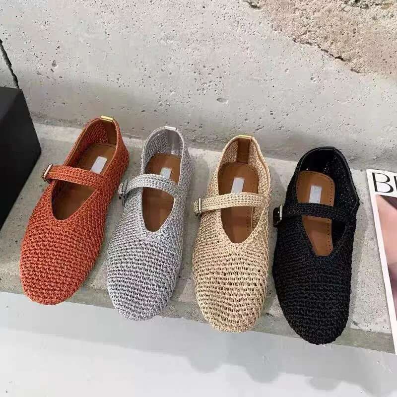 Early Spring Breathable Runway Style Flat Ballet Shoes For Women, Retro And Fashionable, Fly Woven Sne-piece Strap Single Shoes,