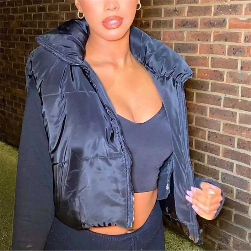 Women Winter Warm Crop Waistcoat Sleeveless Stand Collar Double Sided Lightweight Puffer Vest 2022 StreetwearT251128