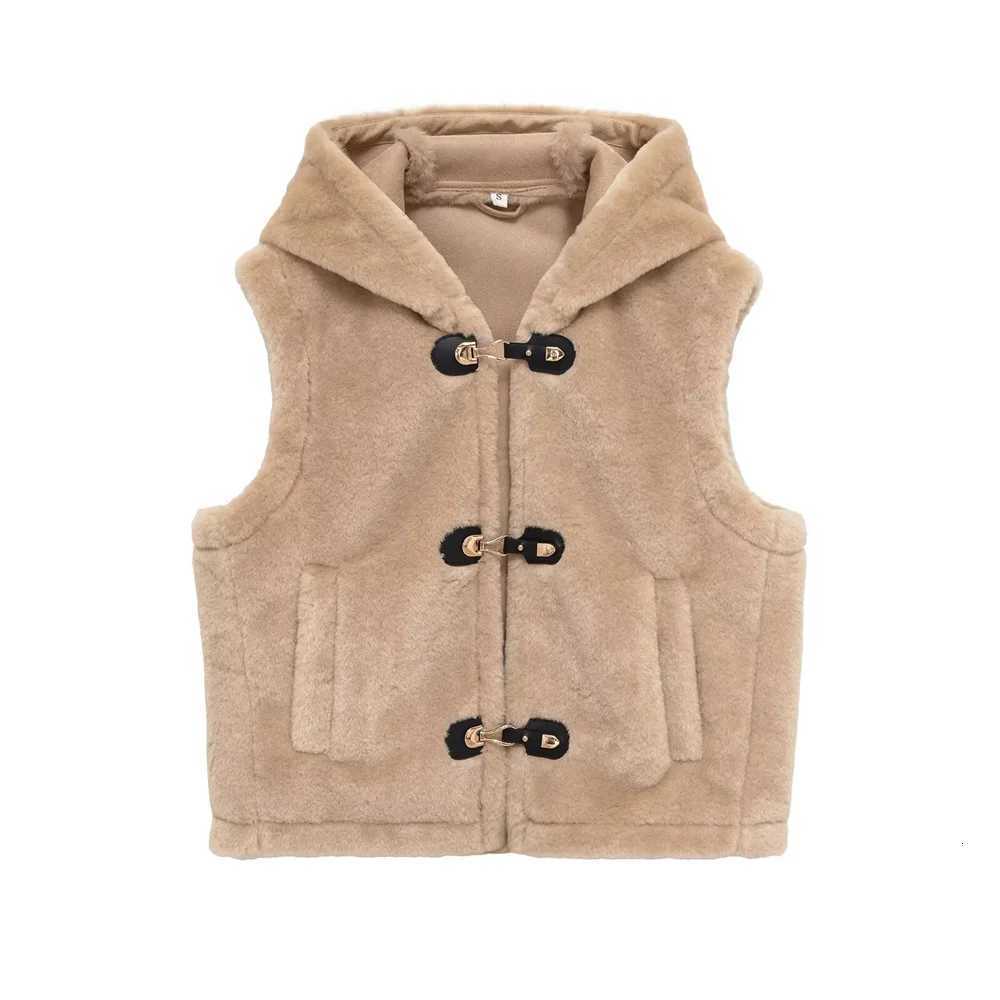 Autumn and winter new womens casual pocket hooded sleeveless rope buckle decoration fleece vest jacketT251128