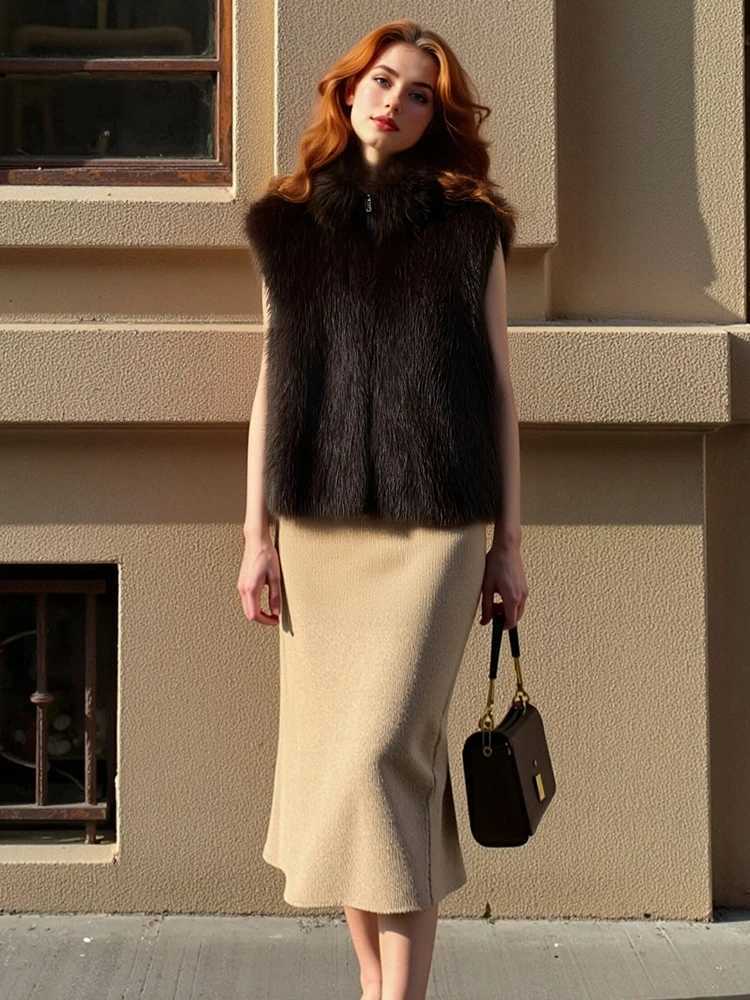 HH Fashion Womens Brown Faux Fur Vest Top 2025 Winter Elegant Female Turtleneck Fluffy Sleeveless Zipper Waistcoat OuterwearT251128