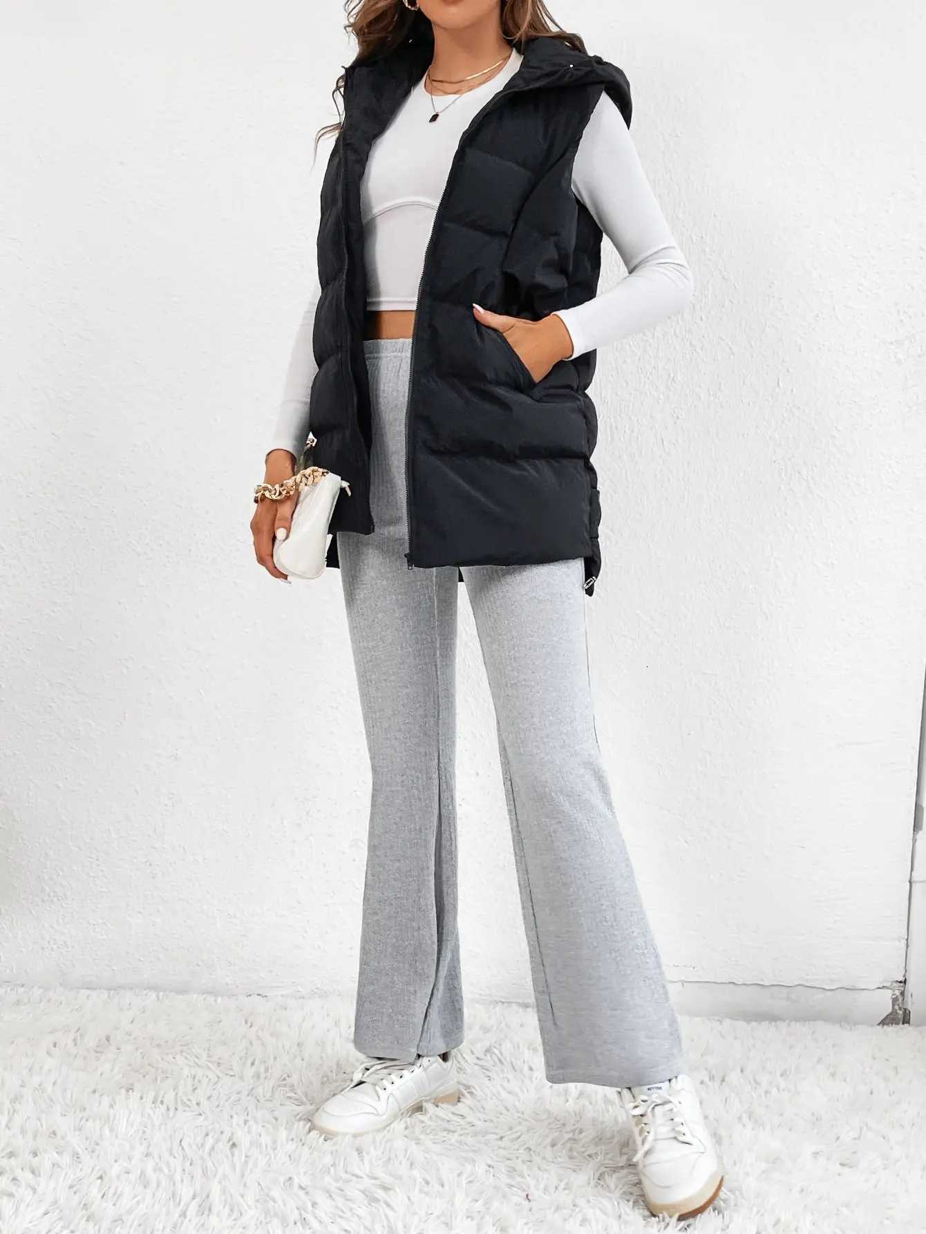 Cross-border Foreign Trade Europe and the United States Solid Color Cotton Jacket Hooded Long Zipper Cotton Vest Coat FemaleT251128