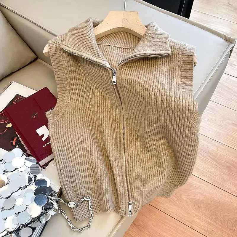 Retro Ladies Short Knit Vest Jacket Female Stand Collar Waistcoat Coat Spring Autumn Women Zipper Sweater Sleeveless TopsT251128