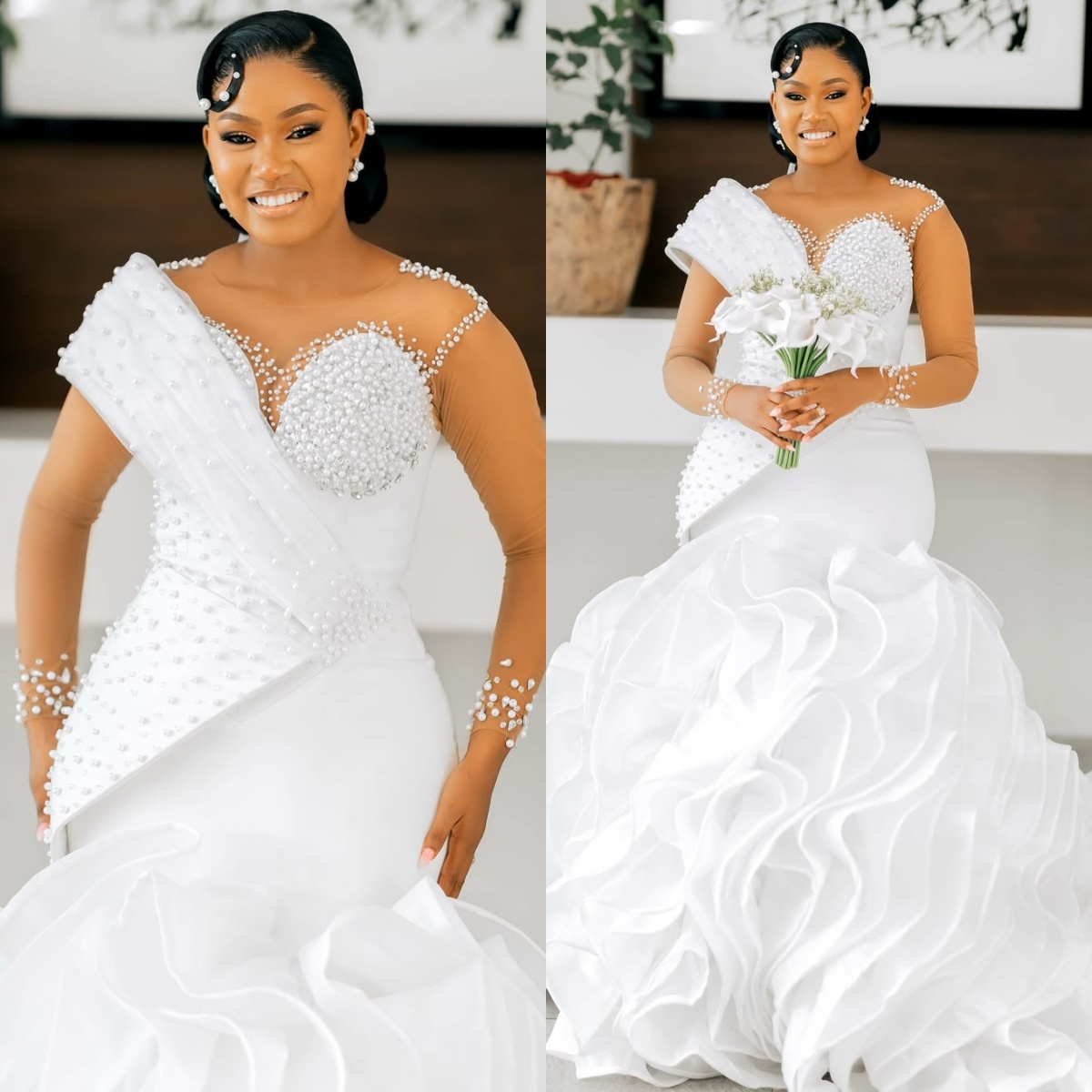 2026 Plus Size Wedding Dress For Bride Mermaid Wedding Gowns Illusion Sheer Neck Long Sleeves Pearls Tulle Tiers Organza Bridal Dresses For Black Afri