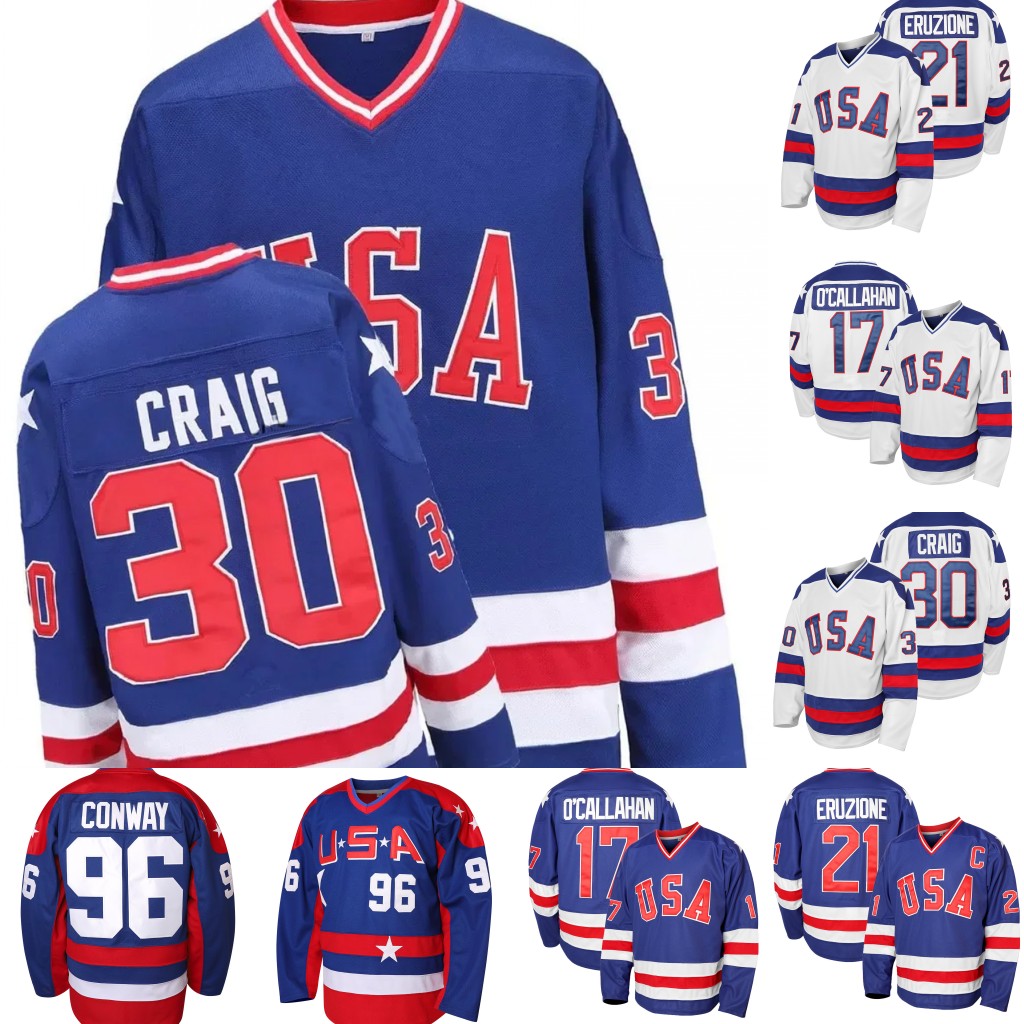 In Stock 1980 USA Ice Hockey Jerseys 96 CONWAY 21 Eruzione 30 Craig 17 Ocallahan Stitched Fast Shipping Polyester Retro Classic Sportswear