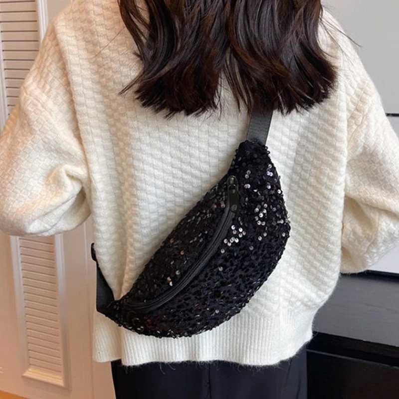 Neutral style womens and mens shoulder bag with sequins in black and colorful design high-end waist bagT251128