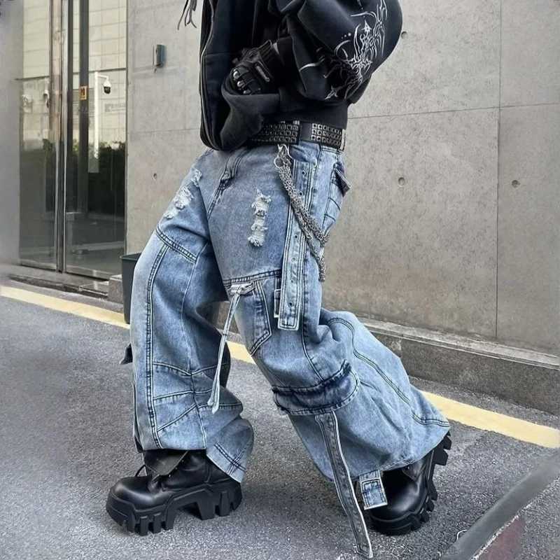 2025 Cyber Y2K Streetwear Washed Blue Baggy Ripped Cargo Jeans Pants For Men Clothing Wide Leg Vintage Loose Punk Denim Trousers L251127