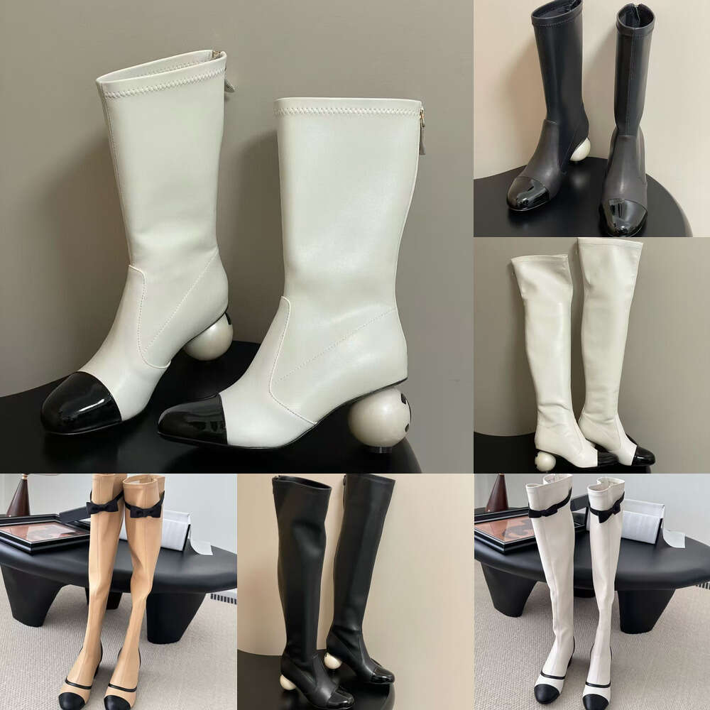 luxury Fashion booties designer shoe woman zip pointed Toe Giant pearl heel high-heeled sheepskin patchwork patent leather Ankle Boots long boots knee high boots