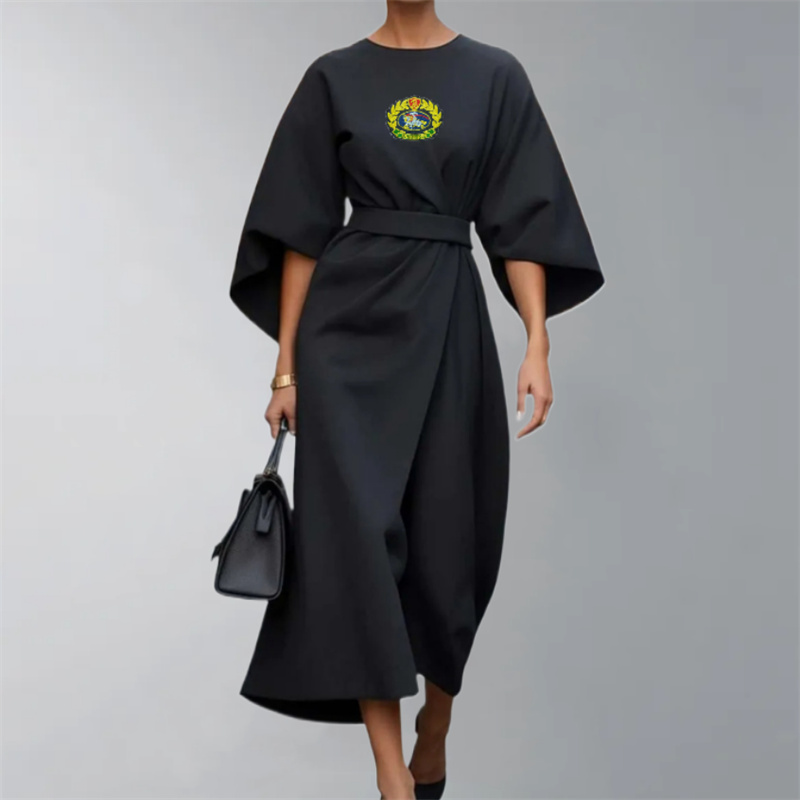 2025 Women's Fashion European and American Luxury Elegance Solid Color Waist Dress Casual Embroidery Brand Logo Bat Sleeve Women Long Dress Asian Size S-3XL