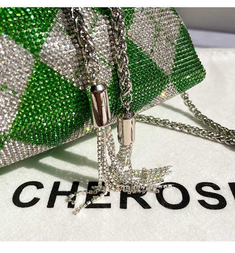 Luxury Designer Green Plaid Rhinestones Diamond Evening Clutch Bag Wedding Party Bucket Purse Womens Handbag Crossbody Bag K251128