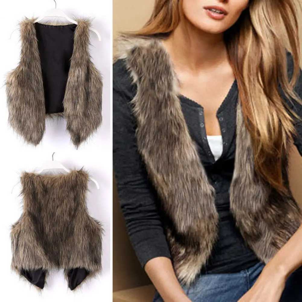 Fall Winter Women Jacket Vest Leather Fur Fluffy Sleeveless Cardigan Thick Open Stitch Casual Short Vest Waistcoat OuterwearT251128