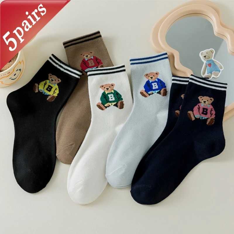 5 Pairs Womens Socks Fall Trend Striped Letter Bear Cartoon Harajuku Cute Kawaii Middle Tube Socks Casual Comfortable Warm J251128