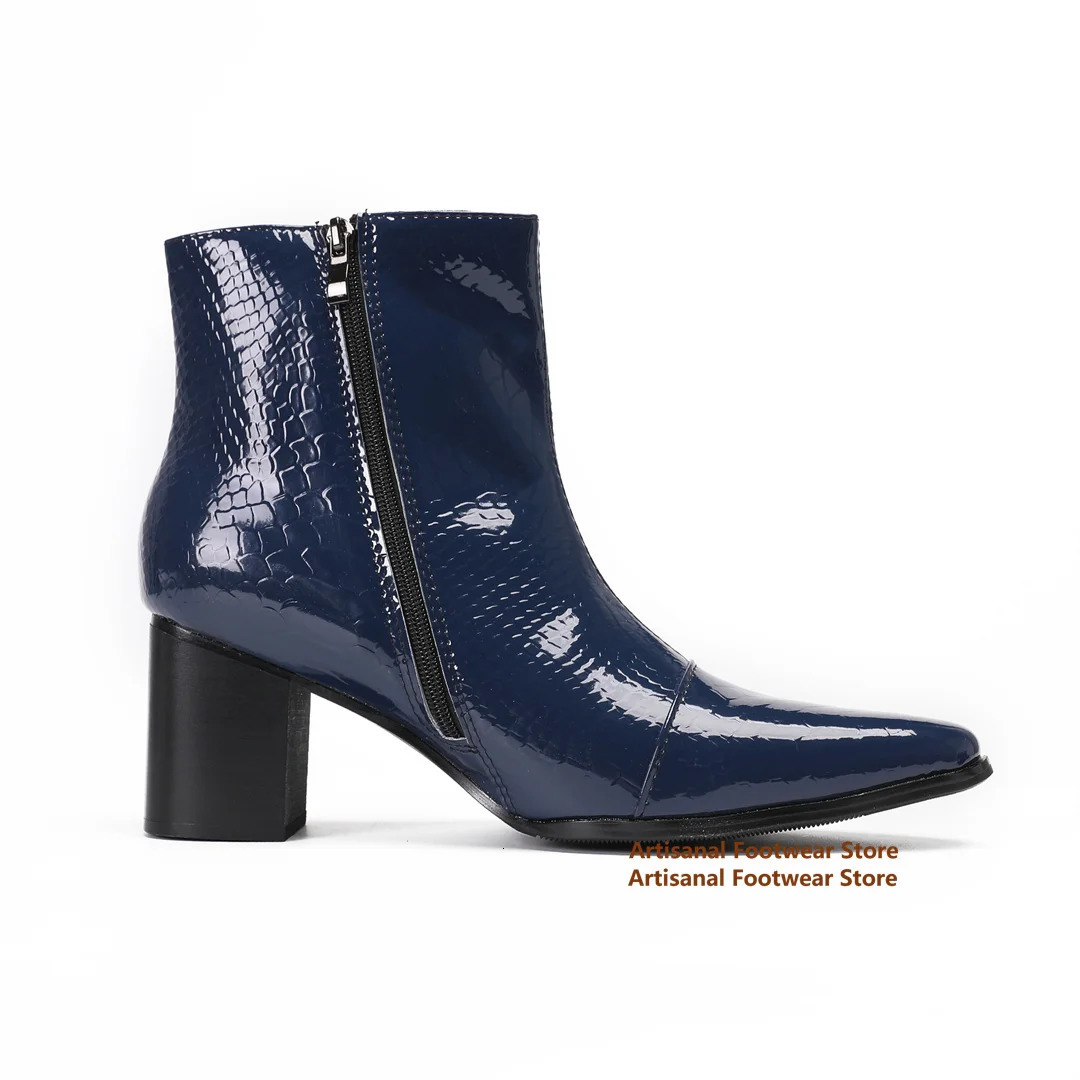 Dark Blue Men Boots Side Zipper Leather High-Top Booties British Style Handmade Botas High Heel Party Men Shoes 251126