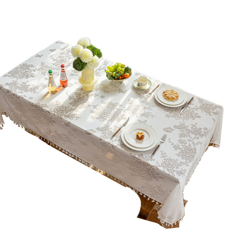 T0435 French light luxury tassel jacquard tablecloth polyester hollow restaurant dustproof tablecloth rectangular mesh cover cloth wholesale