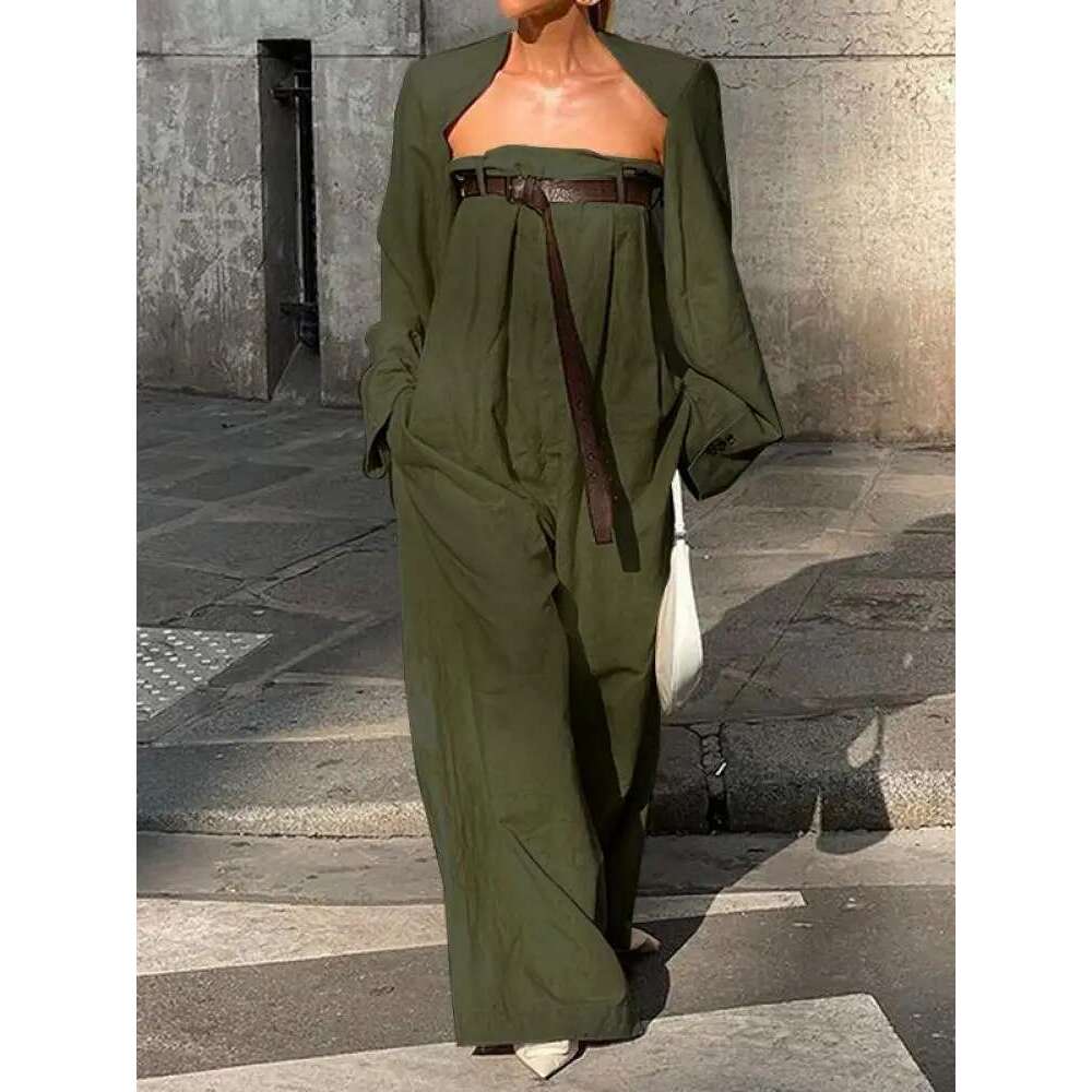 Yeezzi 2024 New Female Fashion Long Sleeves Collarless Outerwear Tops & Strapless Wide Leg Tube Belted Jumpsuits Two Pieces Sets