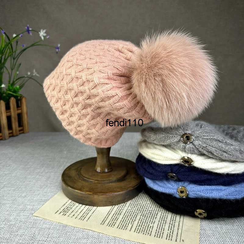 Beanie/Skull Caps Rabbit velvet double-layer mesh warm wool hat suitable for winter and winter Artificial fox fur ball knitted earmuffs W240924