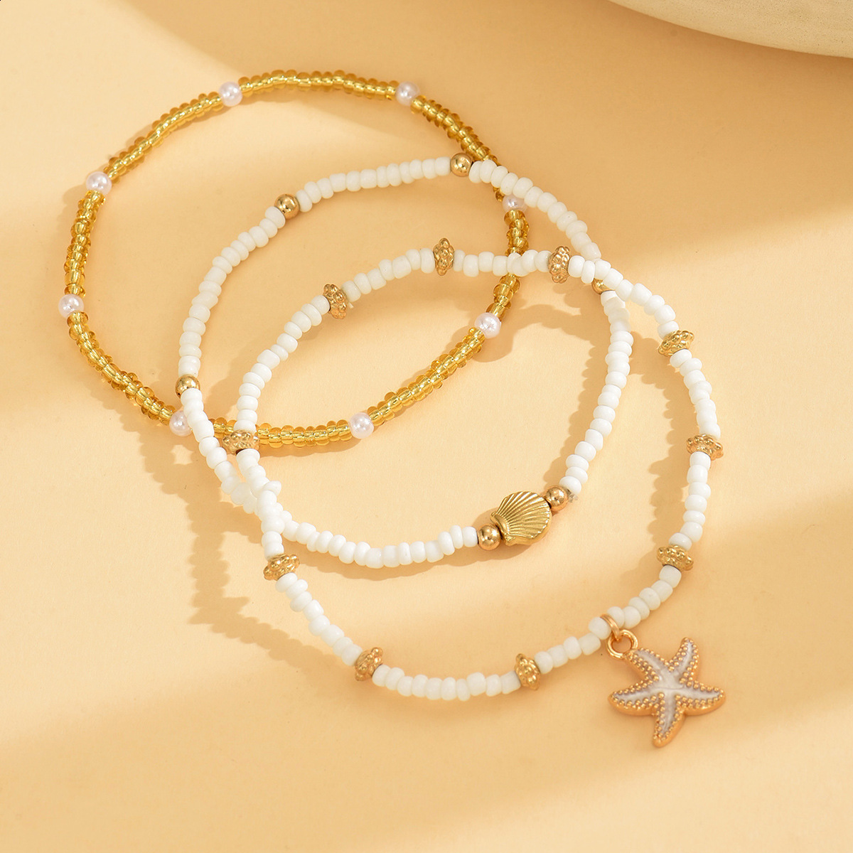 New Summer Bohemian Style Drip Oil Sea Star Shell Rice Bead Foot Chain Three Piece Set