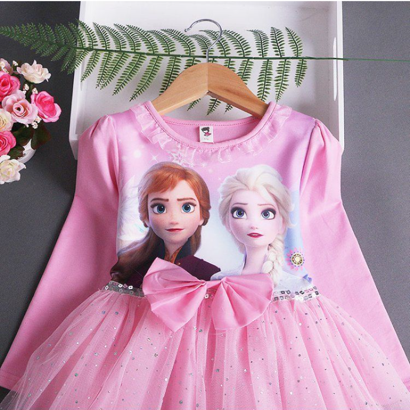 DISNEY Elsa princess dress kids designer clothes Spring and Autumn Girls' Long Sleeve Dress Children's Puff Sleeve Tulle Skirt