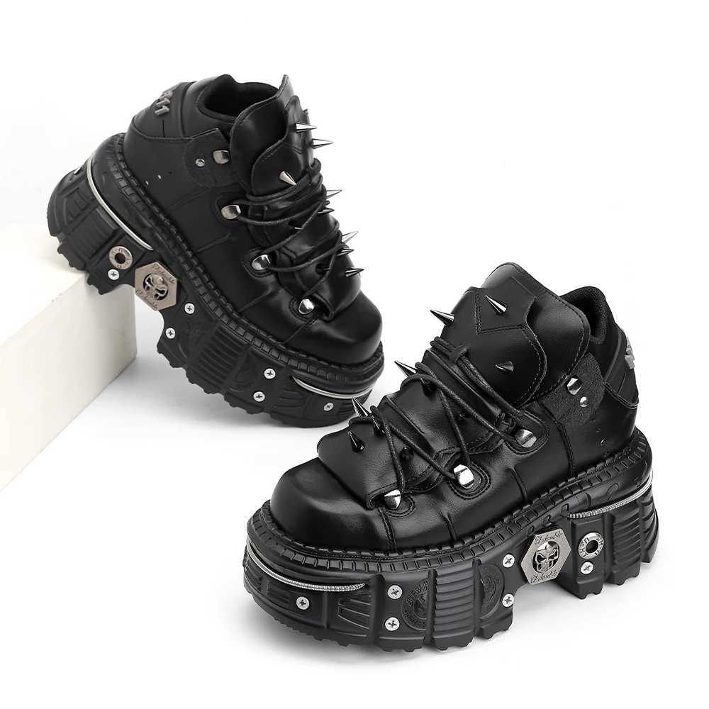 New Punk Style Women Shoes Lace-up Heel Height 6CM Platform Shoes Woman Gothic Ankle Rock Boots Metal Decor Woman Sneakers W251128