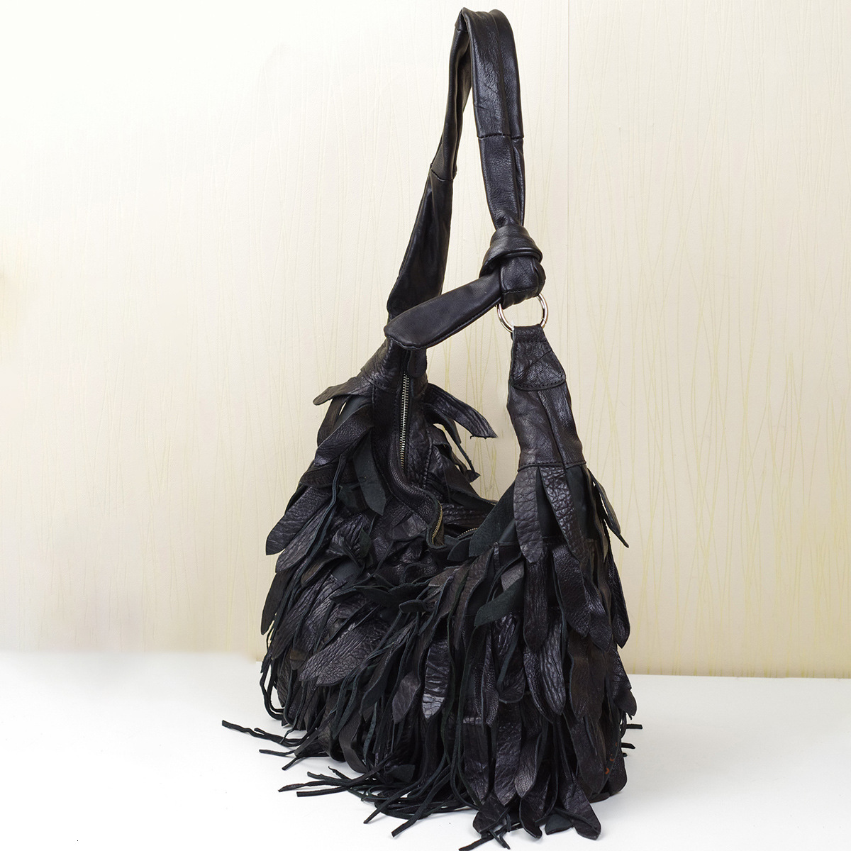 Free Shipping 2025 New Designer Bag New Genuine Leather Soft And Casual Black Striped Tassel Personalized Hobo Shoulder Bag, Sheepskin Women's Ba