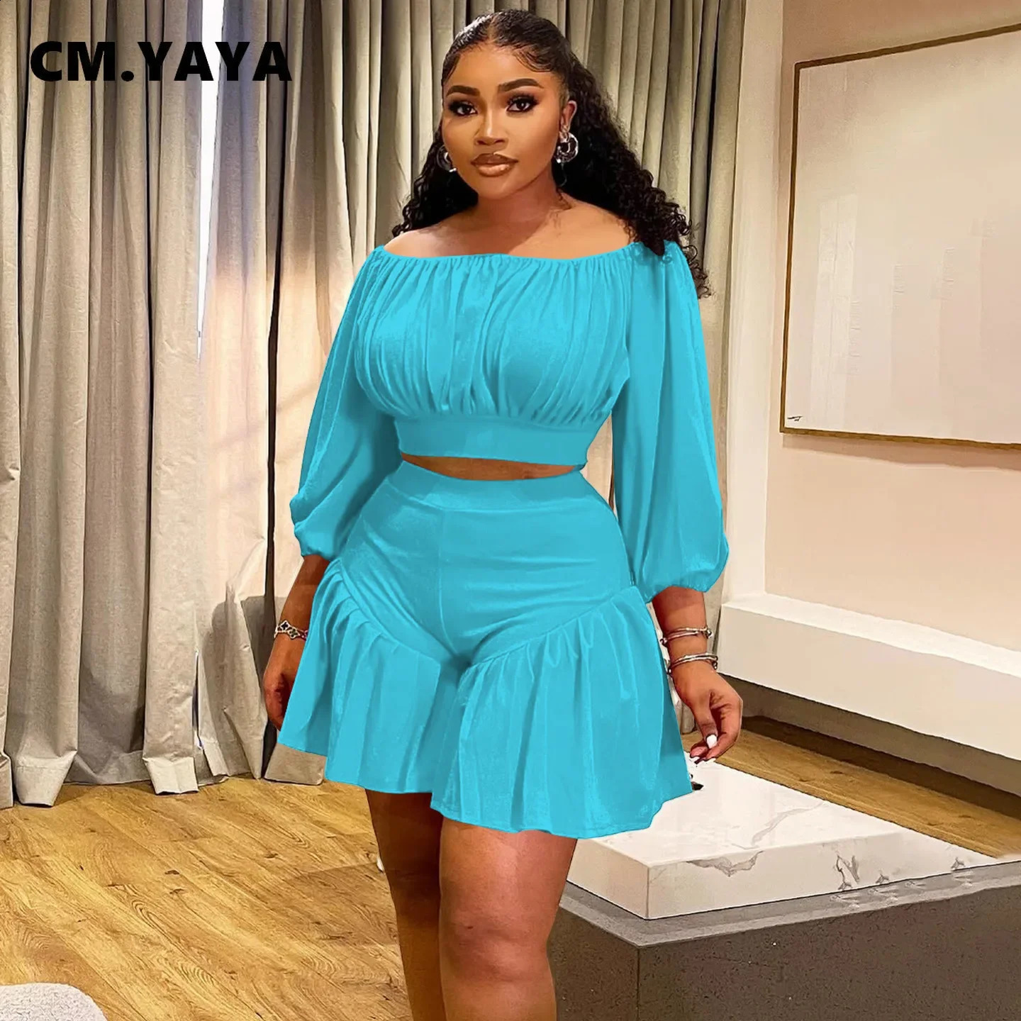 Plus Size Womens Set Long Sleeve Slash Neck T-Shirt and Shorts 2025 Summer Ruched Two 2 Piece Set Outfits Tracksuit 250428