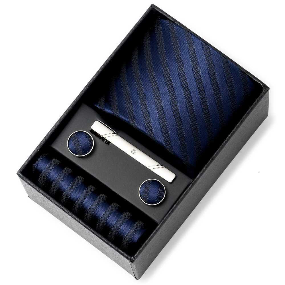 Newest Style Gift Box 8 cm Tie Handkerchief Cufflink Clip Set Men Blue Striped Wedding Gravata Suit Accessories Fit Workplace X251128