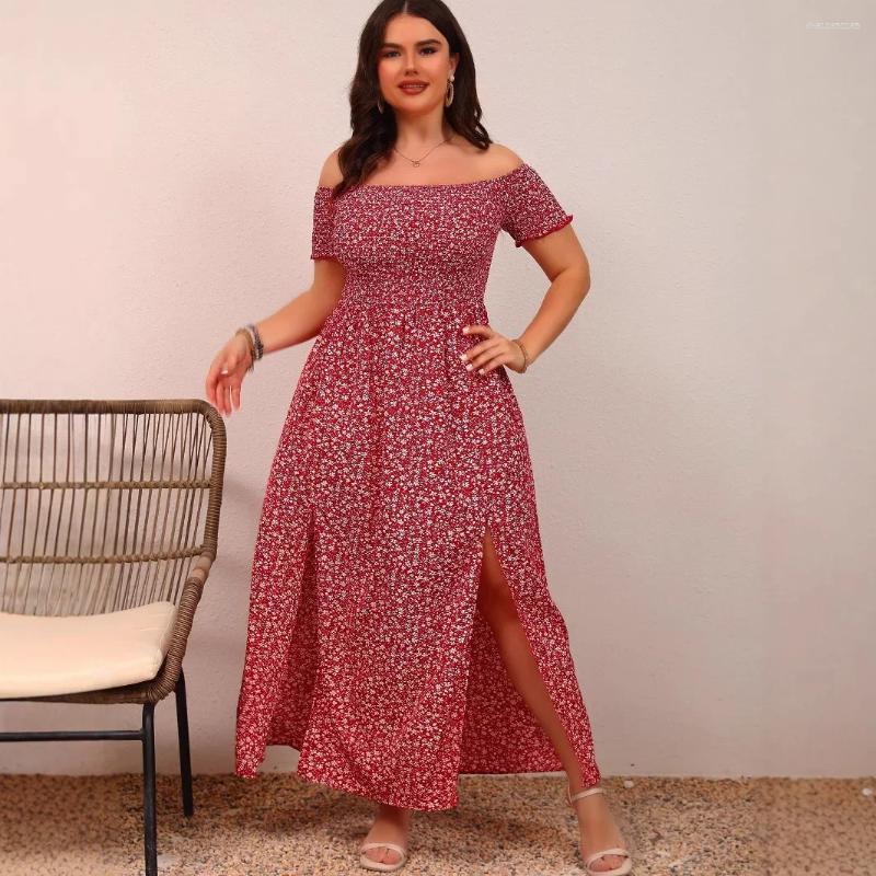 Plus 4XL Size Dresses Ladies Large Casual Bohemian Print One Shoulder Long Floral Dress Slit Design Elegant Women's Fashion Maxi