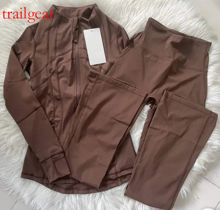 L310 Women Yoga Outfit Two Pcs Suits Long Flared Pant Jackets Set Close-Fitting Fiess WearElastic Workout Sportswear Elastic Bell-bottom Trousers