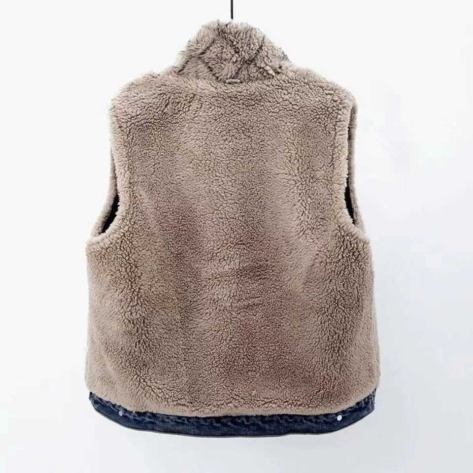 Deep Blue Lambhair Plush Thicken Denim Vest Women Autumn Winter Large Size Short Jeans Coat Sleeveless Jacket Warm Waistcoat 5XLT251128