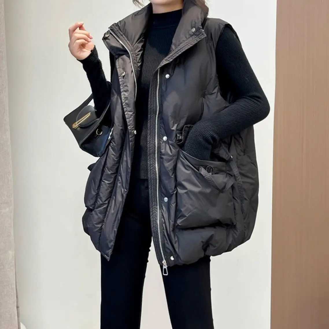 2025 Autumn Winter Women Solid Loose Vest Drawstring Stand Collar Short Jacket Cotton Padded Warm Waistcoat J21T251128