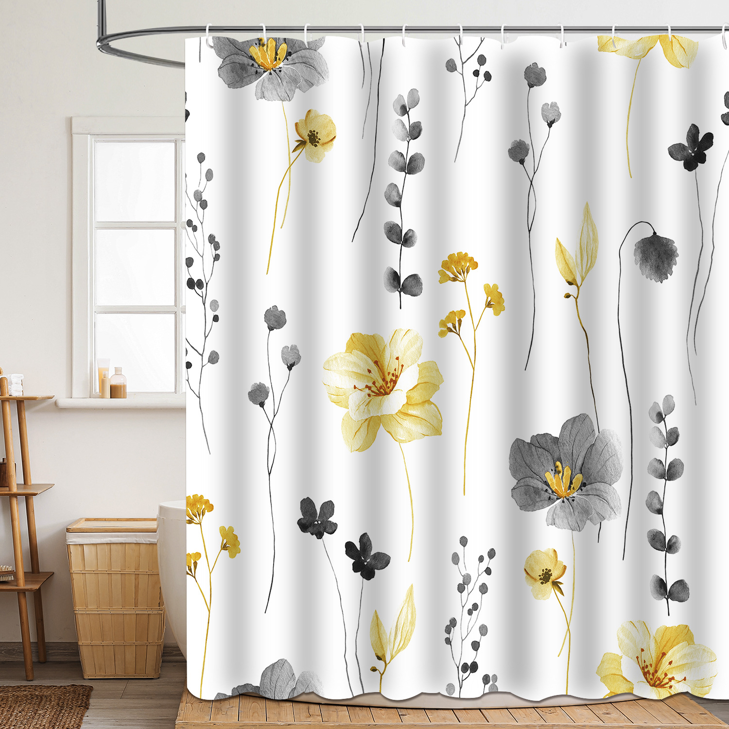 YL-37831 Floral and Leaf Polyester 3D Digital Printed Shower Curtain, Waterproof and Mildew-proof Shower Bathroom Partition Curtain