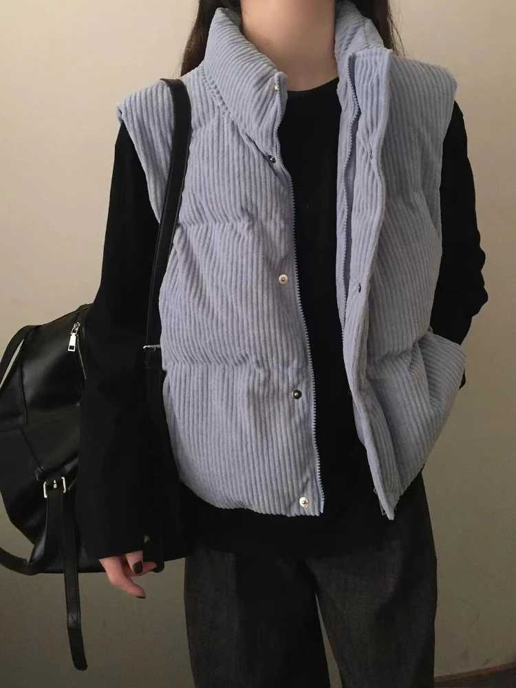 Vintgae Thick Corduroy Stand-up Collar Down Vest 2025 Fall Winter Korean Sleeveless Jacket Female Y2k Outwear Vest Coats TopsT251128