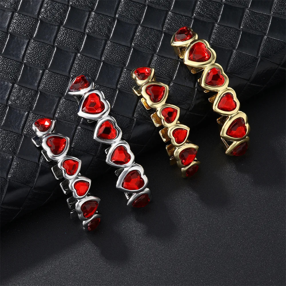 RACHELZ 6/6 Red Crystal Heart Tooth Caps For Women Men Jewelry Hip Hop Silver Color Green Zircon Teeth Dental Grills 250427