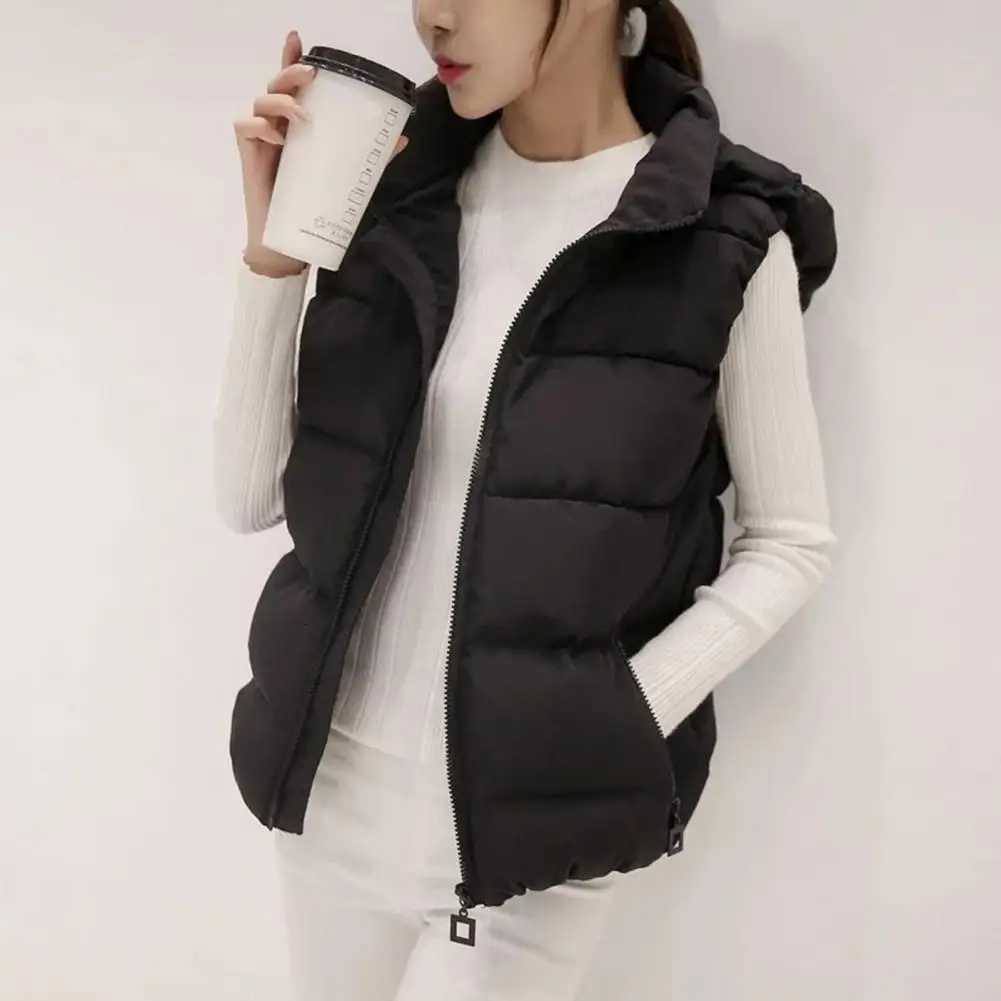 Women Sleeveless Pocket Hooded Vest Coats Winter Solid Color Warm Cotton Padded Hooded Jackets Waistcoat FemaleT251128