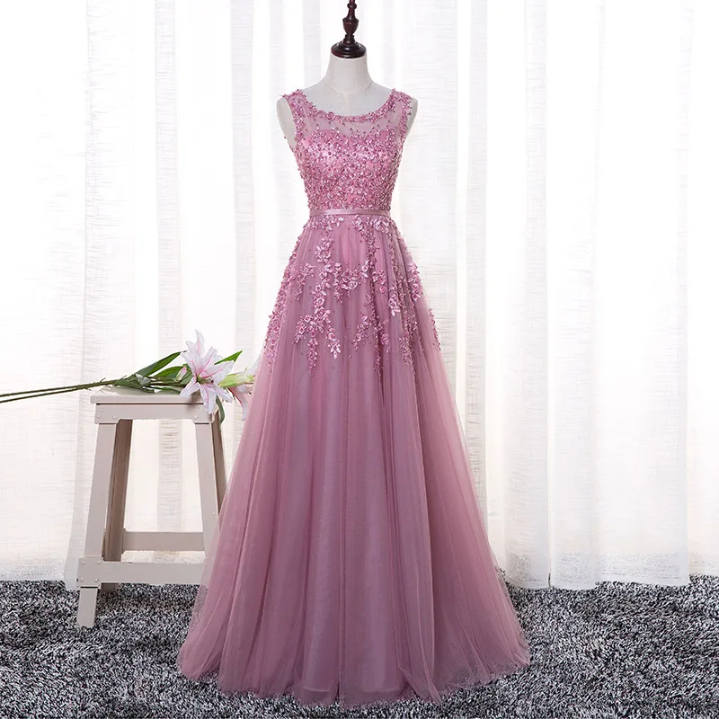 Pink Illusion Lace Evening Dresses Appliques Pearls Floor length Beach Wedding Guest Party Gowns Cheap Long Prom Dress