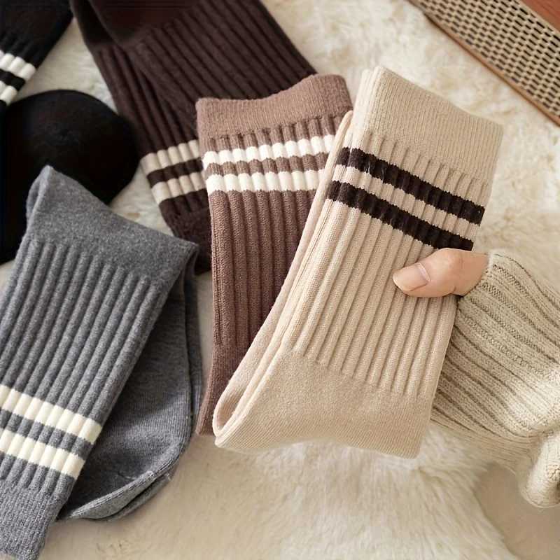 5 Pairs of Brown Two-Bar Mid-Calf Socks Autumn And Winter Korean Style Fashionable All-Match WomenS Socks J251128