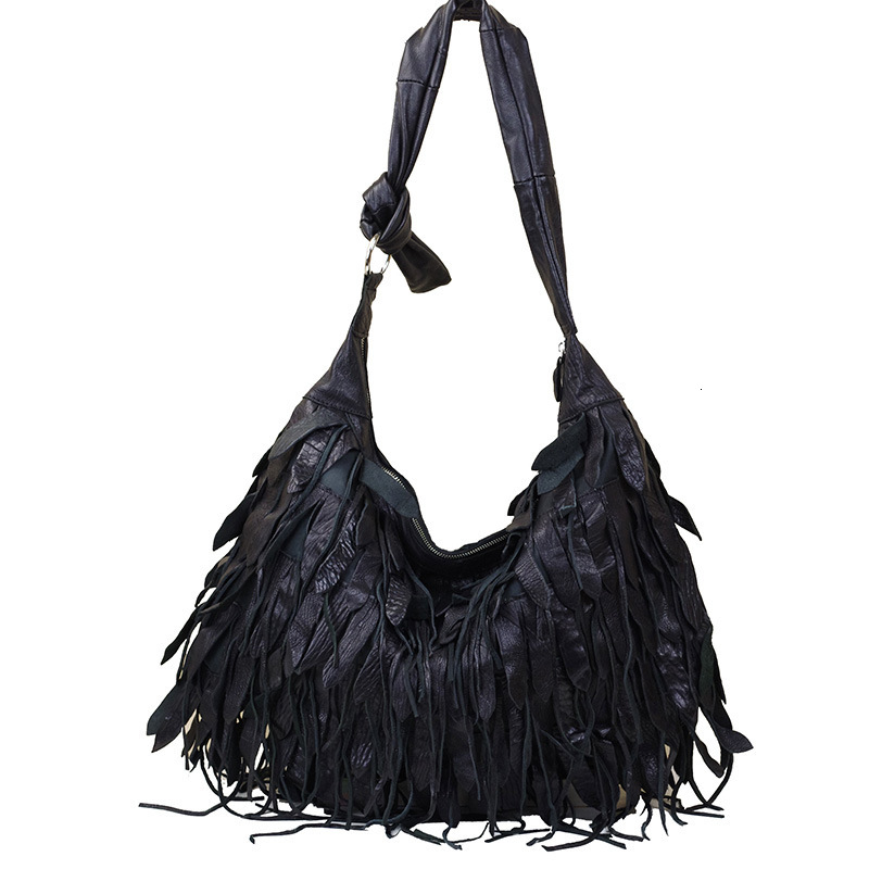Free Shipping 2025 New Designer Bag New Genuine Leather Soft And Casual Black Striped Tassel Personalized Hobo Shoulder Bag, Sheepskin Women's Ba