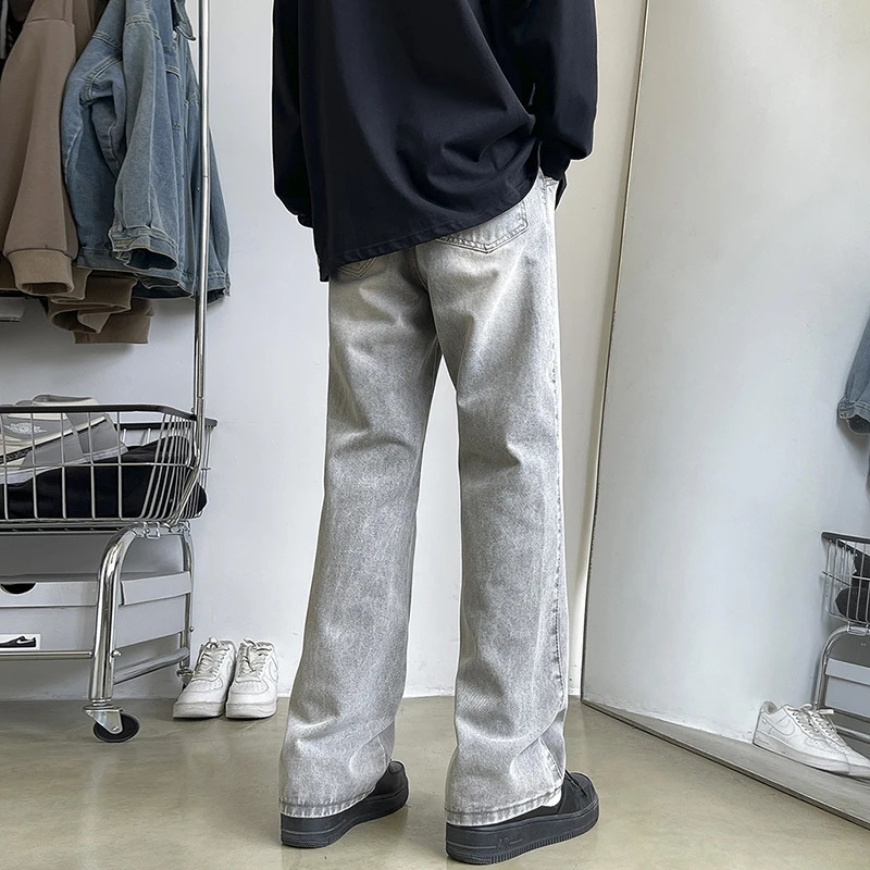Mens retro light gray boot jeans fashion Korean street denim elastic waist comfortable pants mens clothing 250423
