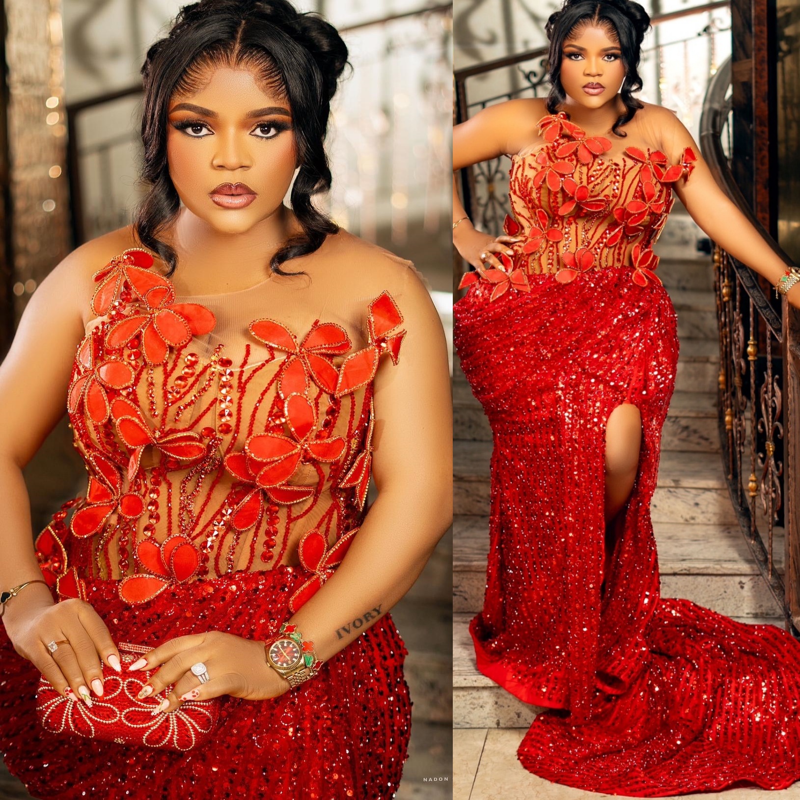 Aso Ebi Red Mermaid Prom Dresses 2026 Florals Crystals Beaded Sequined Evening Formal Party Second Birthday Engagement Gowns Plus Size Dress For Speci