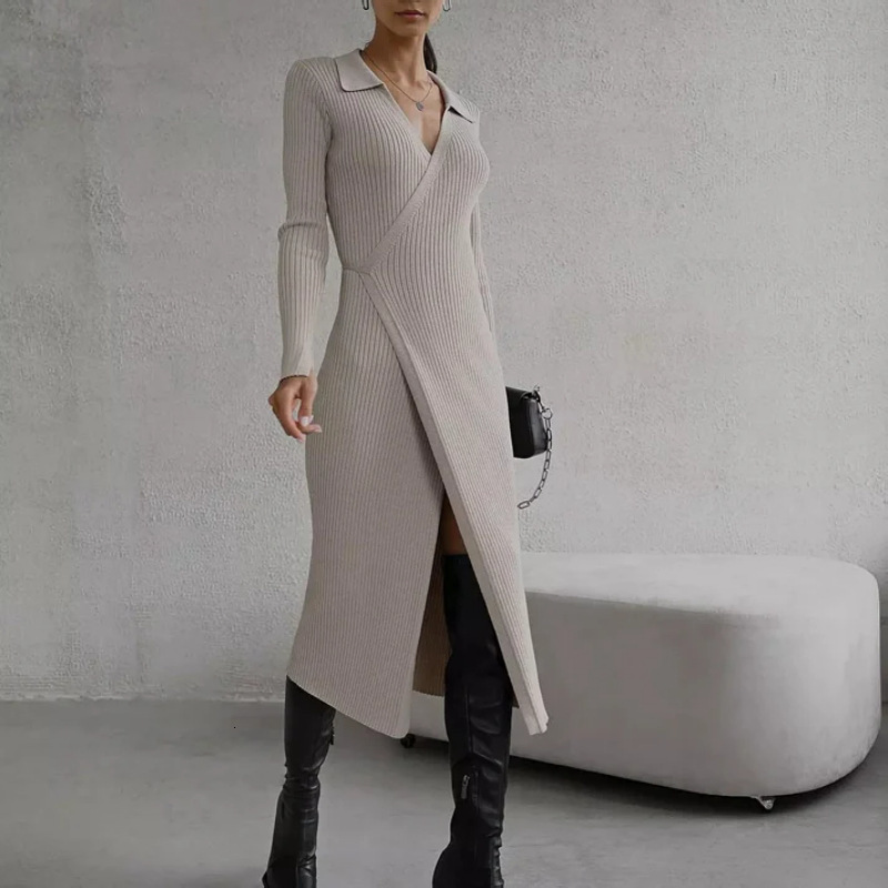 Minimalism Autumn Winter Women's Dress Fashion Vneck Knitted Slim Fit es For Women Temperament Sweater 12040639 210527