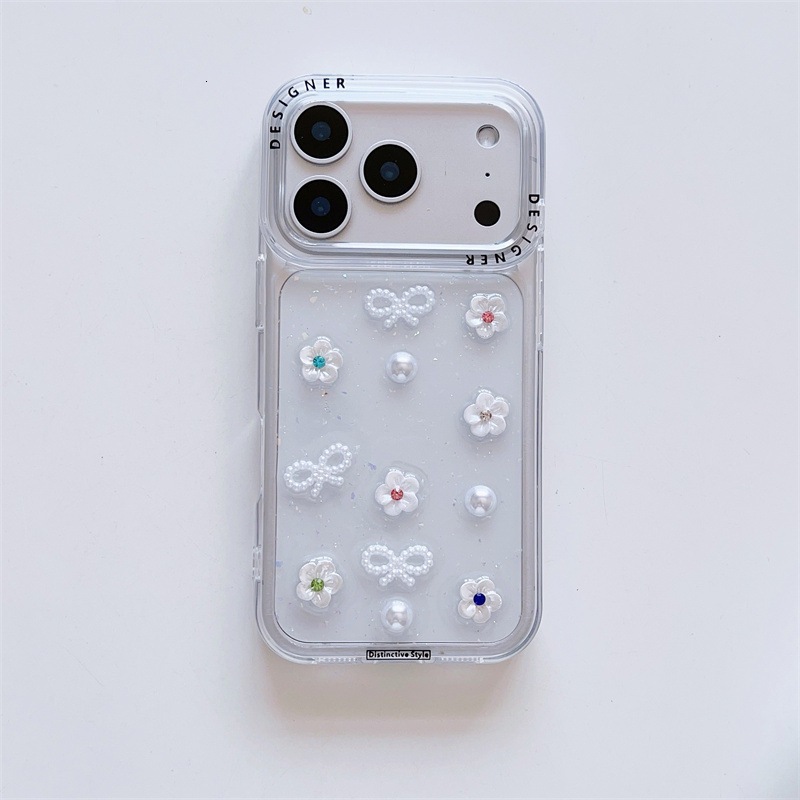 Epoxy Bowknot Pearl Small Flower Phone Case iPhone 17 Pro Max Compatible with Apple 16 /15 Pro Transparent Protective Case